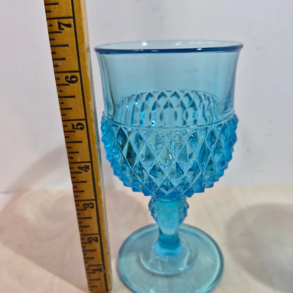 Vintage Blue Glass Goblets Diamond Point Pattern Water Wine Chalice Set of 2